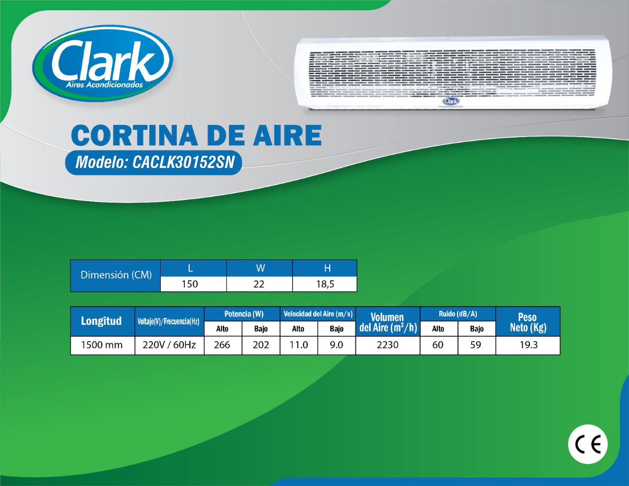 Cortina de Aire Marca Clark, Gabinete de 150 Cm